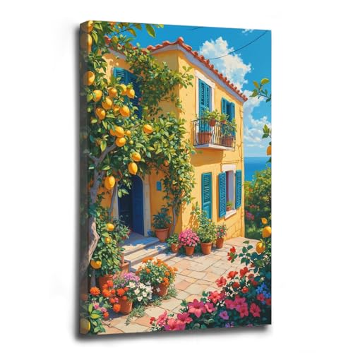 Vintage Mediterranean Lemon Orchard Poster, Amalfi Coast Scene Canvas Painting,