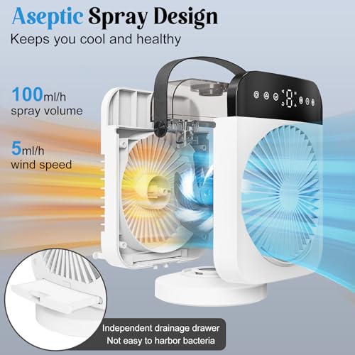 Portable Air Conditioner, Personal Mini Air Conditioner Cooling Fan with 5 Speeds, 70° Oscillation, Evaporative Air Cooler 1/2/4/8H Timer, 7 LED Night Light Portable AC for Car Camping Bedroom Office by Deller - Image 3