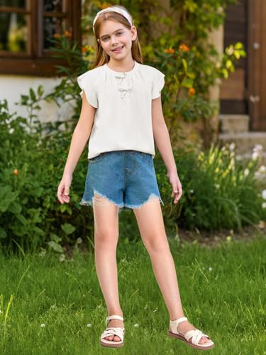 Haloumoning Girls Ruffle Short Sleeve T Shirts Kids Summer Bow Tie Smocked Blouses Cute Tops 5-14 Years4