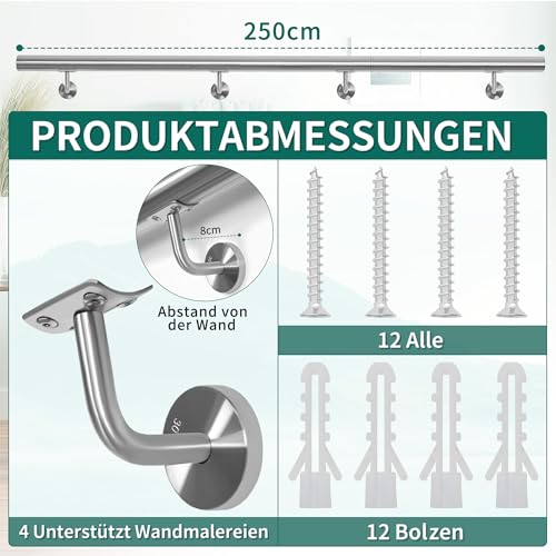 FREEAMG Edelstahl-Handlauf, 250CM Treppengeländer, Geländer mit 42 mm Durchmesser, Wandmontierter Handlauf mit Wandhalterungen und Befestigungselementen, Geeignet für Innen/Außenbereich