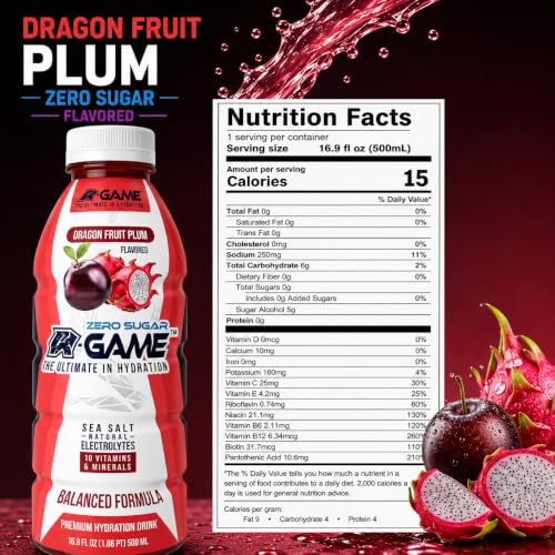 Image of A-GAME Zero Sugar Electrolyte Drink, Dragon Fruit Plum Flavor, 12 Pack