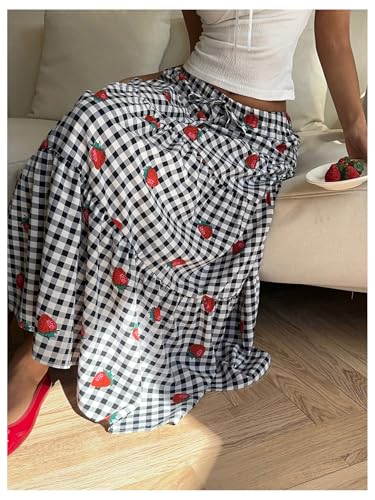 Women's Gingham Cherry Graphic Midi Skirts Drawstring Waist Ruffle A Line Flowy Skirt4