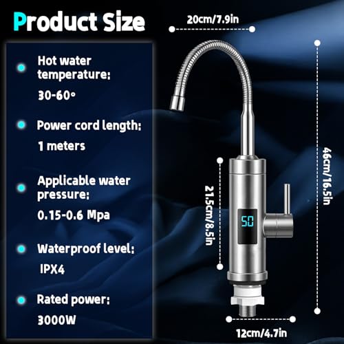 Elektrischer Wasserhahn mit Durchlauferhitzer,2025 Upgrade 220V 3000W 360° Edelstahl Heiß- Und Kaltwasserhahn mit LED Temperaturanzeige, Max.60℃ Heizung Smart Heater Wasserboiler für Küche Wohnwagen
