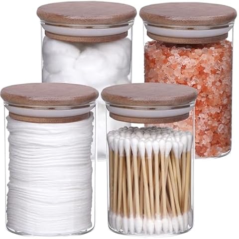 ZYIGYI 4 Pcs Glass Cotton Swabs Qtip Holder, 10 oz Apothecary Dispenser Jars, Cotton Pads Canister for Bathroom Storage Organizer with Wood Lids Cover
