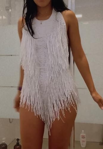 Miniatura 4 de Body blanco brillante con diamantes de imitación para mujer, traje de drag queen, trajes de baile con flecos