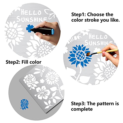 GORGECRAFT 6 Inch Flower Pattern Metal Stencil Roses Wood Burning Stencil Reusable Butterflies Journal Stencils Sunflowers Template Stainless Steel for Painting Wood Burning DIY Decorations - Image 4