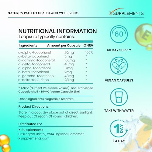 X Supplements Natural Vitamin E Capsules for Skin | 60 Vegan VIT E Capsules | All 8 E Tocopherols & Tocotrienols | Vitamin E Supplement | Immune System Booster | 100% Natural Ingredients - Image 6