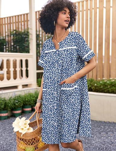 Image of Ekouaer Nightgowns for Women House Dress with Pockets Snap Front House Coat Short Sleeve Duster Moo Moos Sleepwear S-3XL