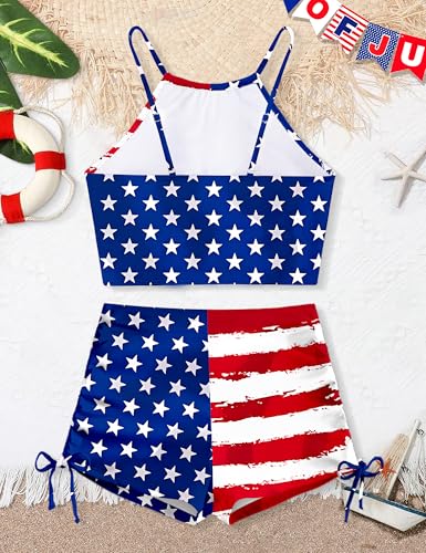 Image of BAVADER Girls Swimsuit 2 Pcs Solid Color Cutout Tankini with Shorts Drawstring Bathing Suit for Girls Swimwear 7-14Y