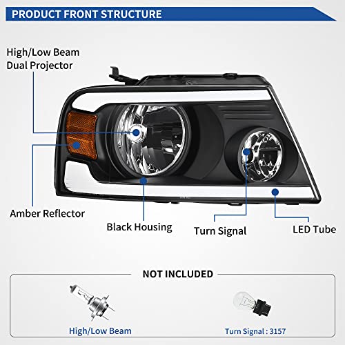 Image of oEdRo LED DRL Headlight Assembly Replacement for 2004-2008 Ford F150 F-150 Headlamps w /Sequential Turn Signal Clear Lens Black Housing Pair Set