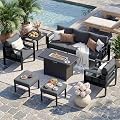 UDPATIO Aluminum Outdoor Furniture Set with 2 Ottomans and Fire Pit Table, 7 Pieces All-Weather & UV-Resistant Patio Sectional Sofa Set for Deck, Backyard, Poolside, Dark Gray