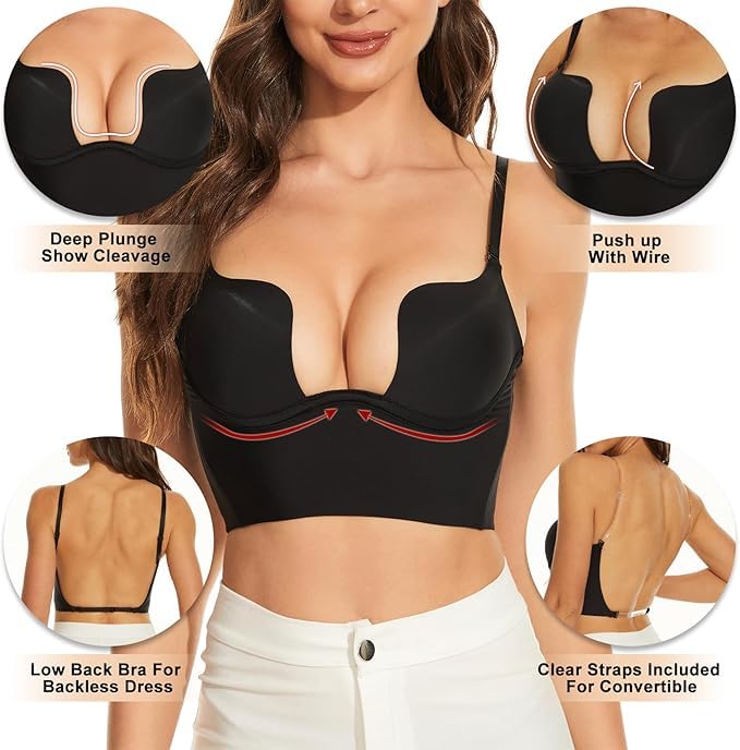 Image of Brachy Womens Low Back Wire Lifting Deep U Shaped Plunge Backless Bra with Convertible Clear Straps Every Day Bra