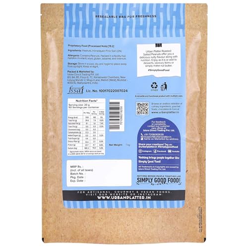 Image of Urban Platter Roasted Salted Peanuts, 1Kg [Grade A Peanuts, Groundnut, Singdana, Skin Removed, Vacuum Packed, Fresh, Product of Bharuch]