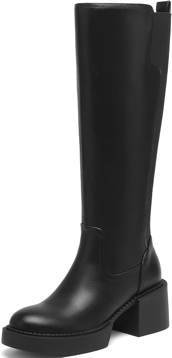 Women's Knee High Boots Chunky Block Heel Boots Stretch Calf Round Toe Side Zipper Platform Tall Boots Fall Comfort Long Boots