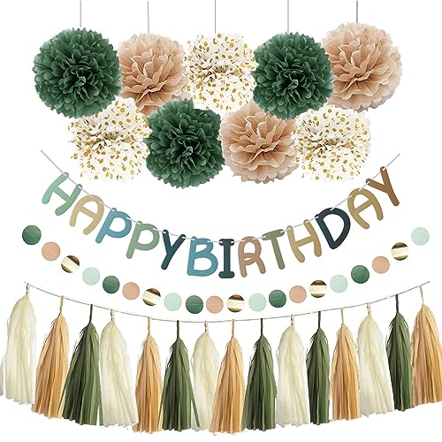 Ohighing Geburtstag Dekorationen Banner Geburtstagsgirlande Grün Khaki Weiß Tissue Pompoms Girlande mit Punkt Banner Geburtstagsparty Dekoration
