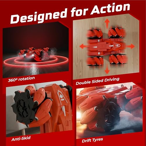 Image of Lifelong Remote Control Drift Car Red | 4x4 Stunt Car with Rechargeable Battery | Double-Sided High Speed 360 Rotating Flip Action | Shockproof & BIS Approved RC Car Toy for Kids 3-12 Yrs (LLCRCDC04)