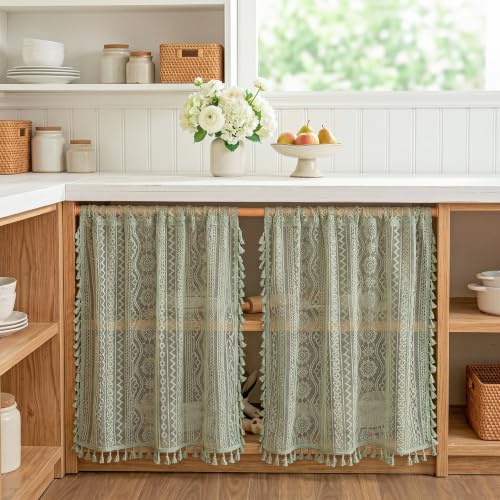 Image of MYSKY HOME Sage Green Lace Tier Curtains 24 Inch Length 2 Panels Kitchen Cafe Sheer Short Boho Half Country Rod Pocket Curtains for Small Windows Basement Bathroom, 34 inch Wide Each Panel