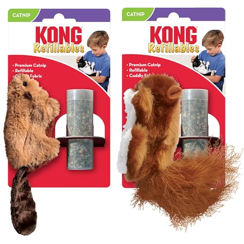 KONG Refillables Catnip Toys, Assorted 2-Pack – Plush Cat Toys with Refillable Catnip Pouch & Premium North American Catnip (Beaver and Squirrel)
