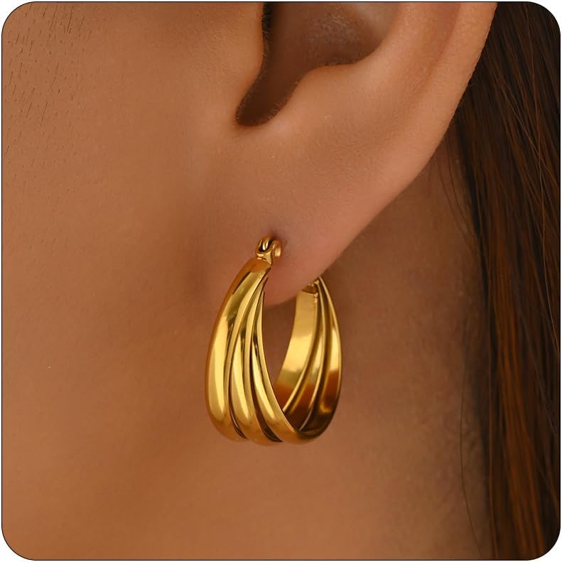 Gold Hoop Earrings for Women 18K Gold Plated Thick Hoop Earrings Trendy Chunky Earring Dainty Hypoallergenic Dangle Earring