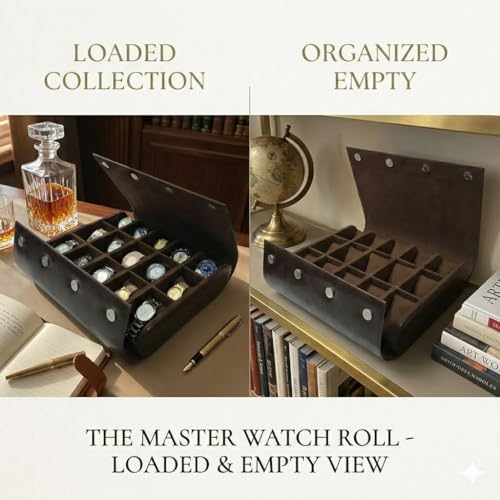 Image of essart Premium 15-Slot Watch Roll Case - Elegant Leather Travel Watch Organizer & Collector Display Box
