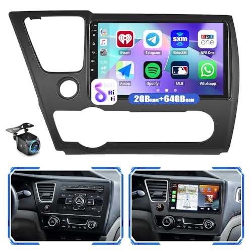 [2+64G] Android 13 Car Stereo for Honda Civic 2013 2014 2015 2016 2017 with Apple Carplay&Android Auto,9 Inch Touch Screen Car Radio with GPS WiFi Bluetooth FM/RDS SWC Dual USB/AUX-in+Backup Camera