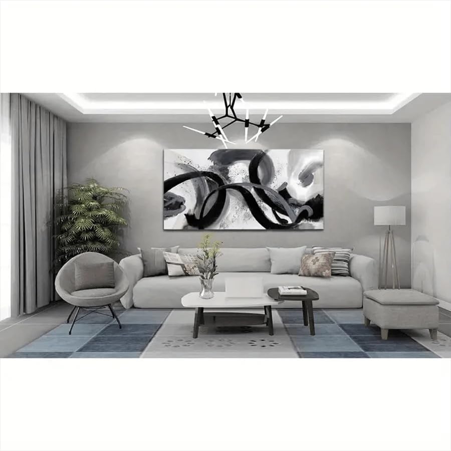Tableau abstrait noir et blanc de salon grand format 90x180