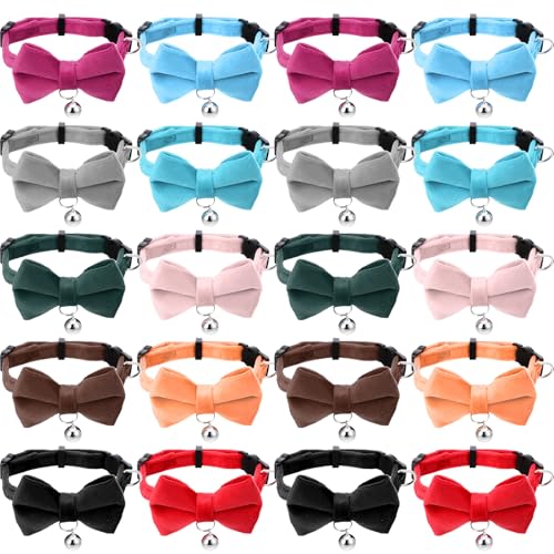 JOUTYFOR 20 Pcs Cat Bowtie Collars with Bell, Solid Colors Kitten Bow Breakaway Cat Bowtie for Boys Girls, Adjustable Pet Collar with Safety Buckle Kitten Puppy Pet Accessories
