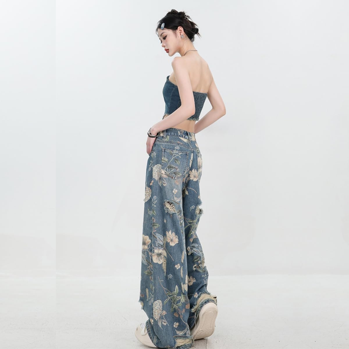 Women's Jeans, Women's Retro Floral Print with Holes, Loose Straight Leg Wide Leg Denim Pants, Y2K Jeans - Image 5