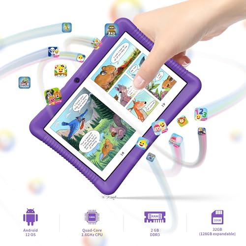 Image of Contixo K102 10 inch Kids Tablet Bundle - Wireless Kids Headphones, 32GB, Learning Educational Apps, Parental Controls, Dual Cameras, Shockproof Case with Kickstand & Stylus, Ages 3-7 - Purple