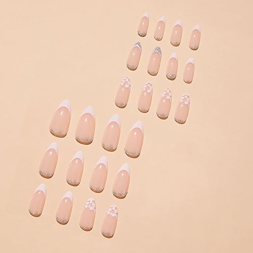 Miniatura 5 de MABKJLF Uñas postizas medianas con punta francesa de almendra, uñas postizas de cobertura completa con diseños de punta de hoja, uñas postizas