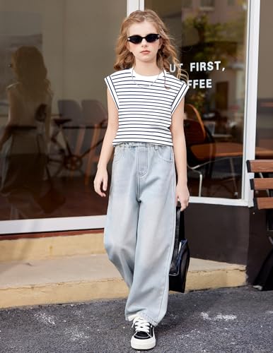 Image of Arshiner Girls T Shirts Cap Sleeves Casual Summer Tops Crewneck Tank Loose Fit Fashion Blouse Tee