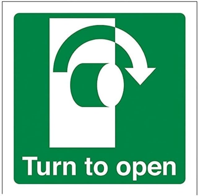 VSafety Turn To Open (Clockwise) Sign - Square - 100mm x 100mm - Self Adhesive Vinyl