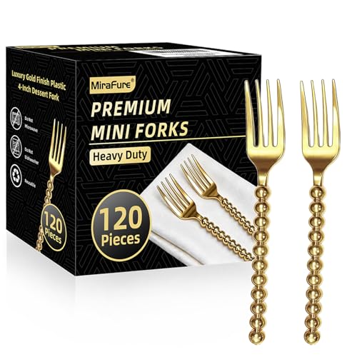 MiraFure Premium Gold Mini Dessert Forks - 120-Piece with Beaded Handle 4.4 Inch BPA-Free Plastic Appetizer Utensils for Parties Charcuterie Boards & Tasting Events