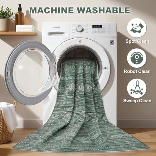 Nakagishi Area Rugs 9x12 Living Room: Washable Boho Large Neutral Modern Soft Farmhouse Green Rug Stain Resistant Indoor Floor Non-Slip Carpet for Women Home Enthusiasts Aged 25-45 - Bedroom Room