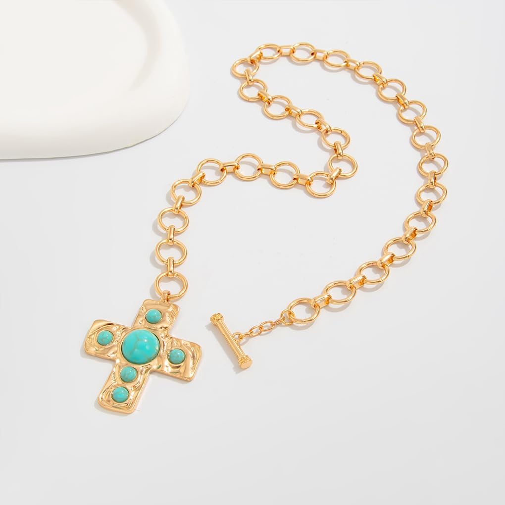FUTIMELY Gold Chunky Turquoise Cross Necklace,Boho Statement Cross Pendant Thick Necklace for Women,Vintage Trendy Western Country Jewelry Accessories - Image 5