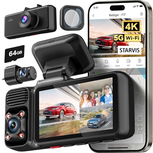 REDTIGER F17 & CPL 4K 3 Channel Dash Cam, 5GHz WiFi Built-in GPS with 64GB Card, 2160P+1080P+1080P Front and Rear Inside, Triple Car Camera with 3 Inch Screen, IR Night Vision, G Sensor, WDR