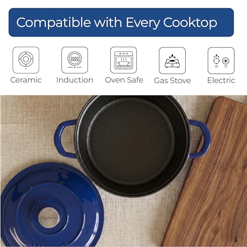 Image of Lifelong Enamel Cast Iron Dutch Oven with Lid (5.6L, 28cm) | Oven, Gas & Induction Compatible | Slow Cooking, Even Heat Distribution, Nontoxic, Durable, Naturally Nonstick, No Stains & Scratch (Blue)