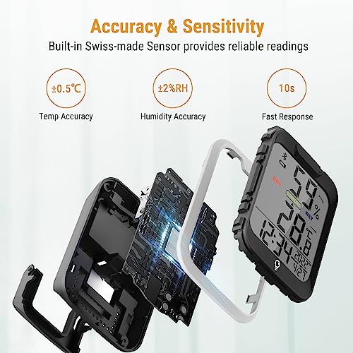 Image of ThermoPro TP358 Bluetooth Hygrometer Room Thermometer with Built-in Clock, Swiss-made Sensor Indoor Thermometer with Backlit and Notification Alert Ideal for Baby Room, Greenhouse, Office and Cellar