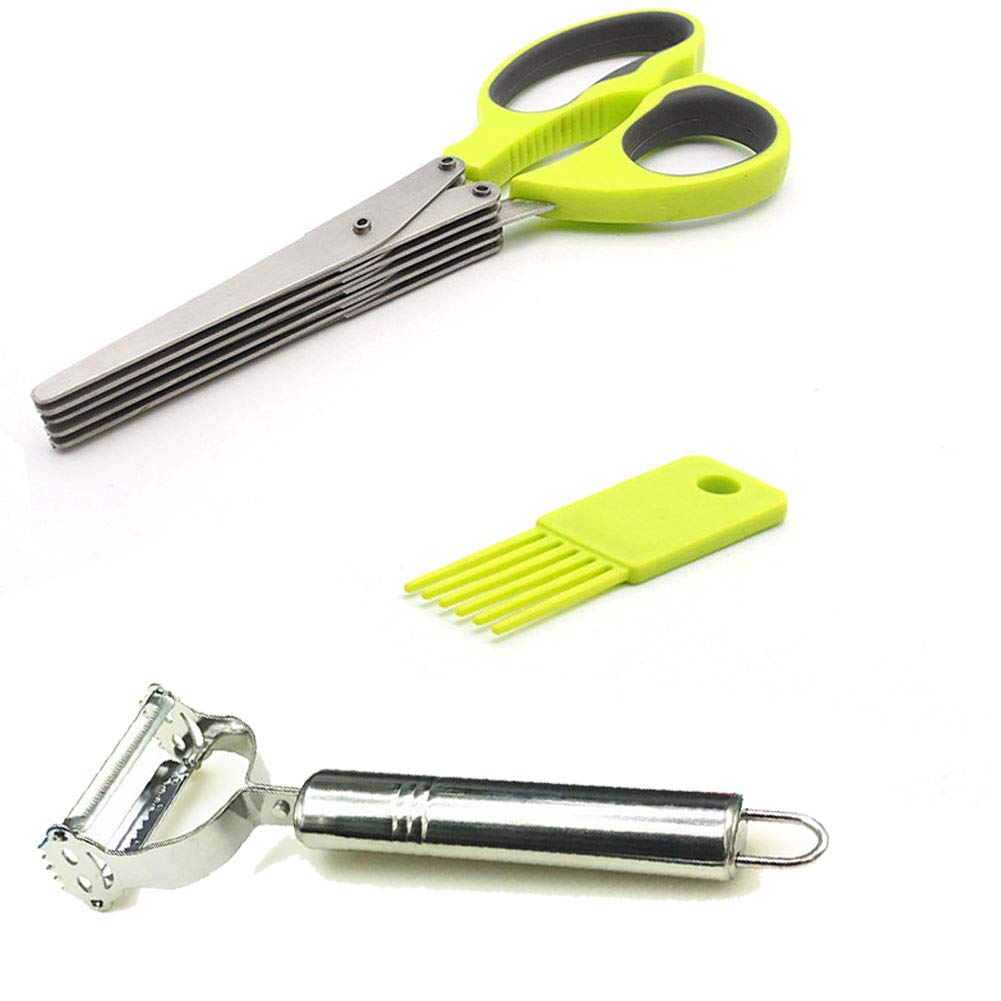 Herb Scissors Stainless Steel with 5 Blades and Cleaning Comb and 4-in-1 Rotational Vegetable Peeler
