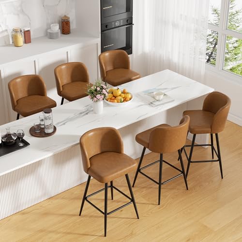Image of Swivel Bar Stools Set of 6, 26 inch Counter Height Bar Stools with High Back and Metal Legs, Faux Leather Bar Chairs, Modern Barstools for Kitchen Island, Caramel
