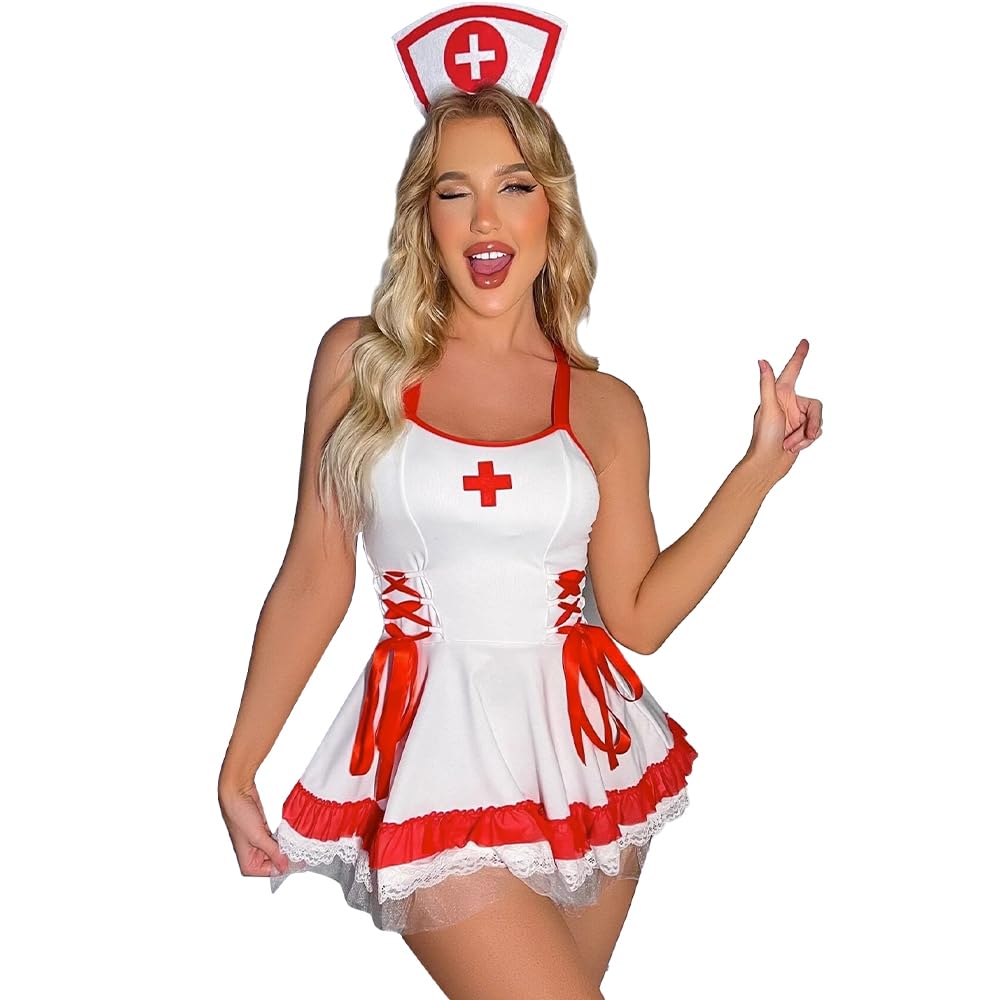 Sexy Femme Lingerie Déguisement Jupe d'infirmière à Bretelles Nurse Cosplay Nuisette Robe Coquine Infirmiere Uniforme Séduisant Babydoll Fête à Thème Halloween Costumes Taille Unique