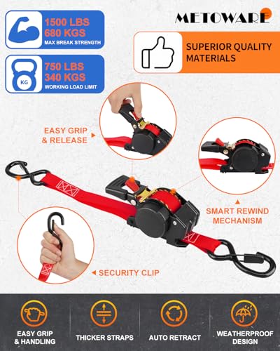 Image of METOWARE Retractable Ratchet Straps (4-Pack) - 1 in x 10 Ft (1500lb Break Strength) - Heavy Duty Auto Self Retracting Tie Down Straps for Truck, Trailer, Cargo Van, Motorcycle - Red