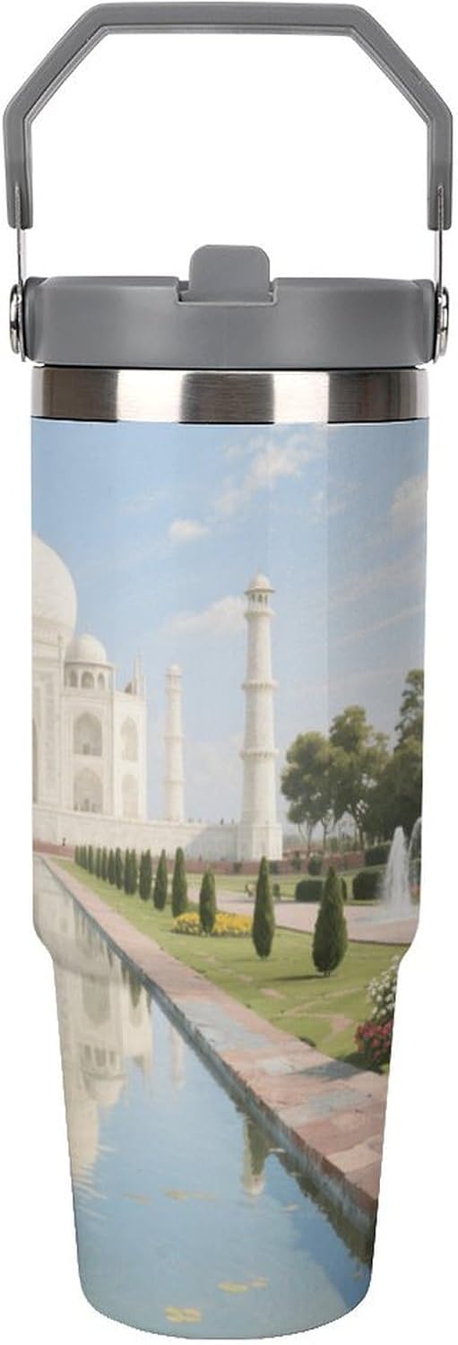 30 Oz Insulated Mug with Handle Lid And Straw Taj Mahal Gardens Pattern Large Metal Sports Bottle Great for Gifts Parties Office Coffee