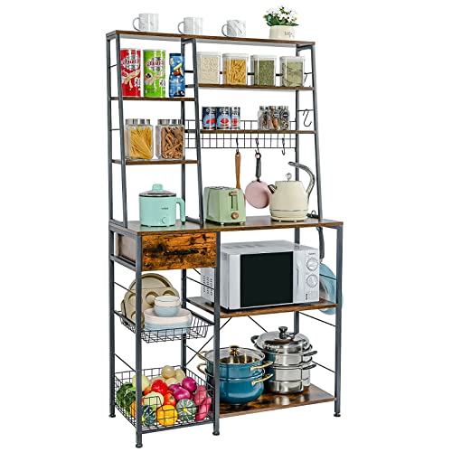 Kitchen Bakers Rack Standing, 6-Tier Microwave Oven Stand With Drawers And Wire Baskets, Wooden Coffee Bar Workstation Organizer Shelf, Utility Storage Rack For Kitchen,Living Room,Office,Rustic Brown #TOP1