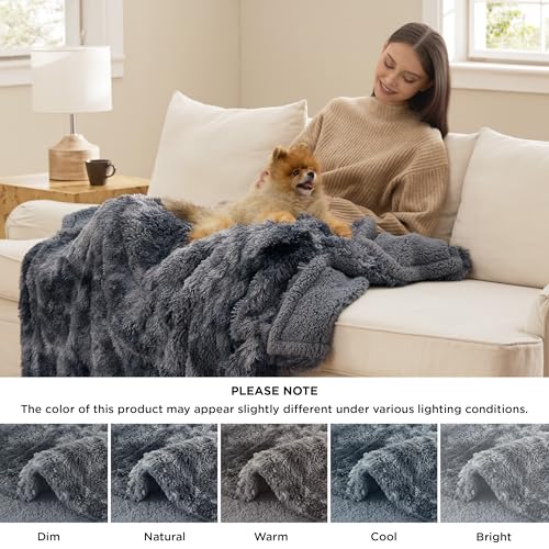 Bedsure Waterproof Dog Blankets for Large Dogs - Cat Blanket for Couch Protector Washable Long Faux Fur,Calming Soft Reversible Throw Furniture Protection for Puppy Pet, 50"x60", Tie-dye Grey - Image 6