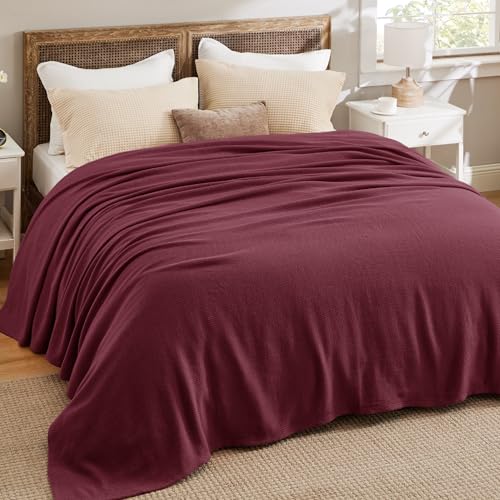 Image of Bedsure 100% Cotton Blanket, Herringbone Weave, Queen Size, Red