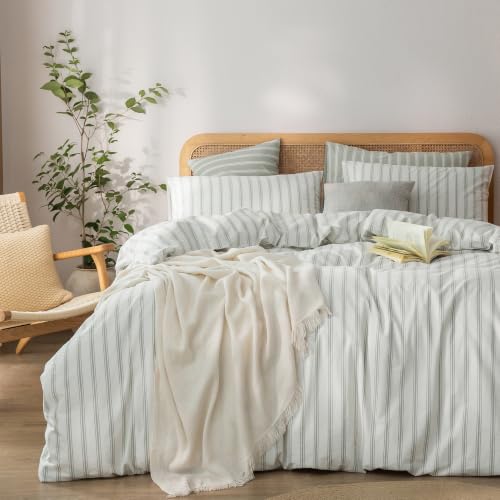 Image of BESTOUCH Striped Cotton Duvet Cover Set Linen Feel Queen | 100% Washed Cotton, Soft Wrinkle Texture, Hidden Zipper, 8 Ties, Breathable Lightweight Durable Comfy, 3 Pcs No Insert