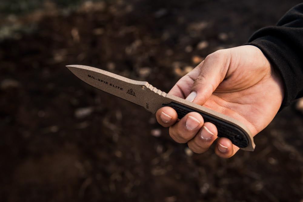 TOPS Knives Mil-Spie Elite Full Tang Fixed Blade- Coyote Tan Coating- Black Kydex Sheath w/Rotating Spring Steel