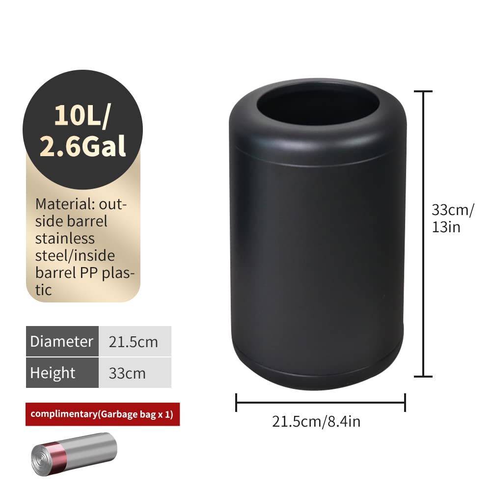 Leasylife Black Metal Trash can,10L/2.6GAL,Open Top Wastebasket Bin,Garbage Can for Bathroom,Living Room,Office,Kitchen,Bedroom,Hotel (Black)