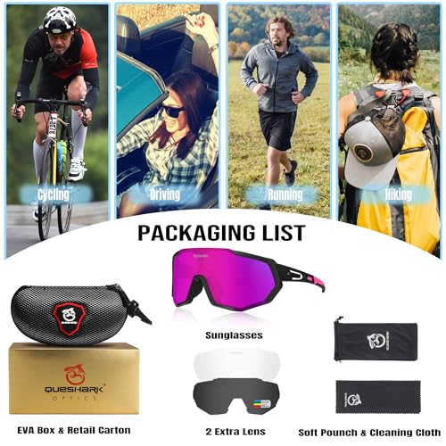 Image of Queshark Cycling Glasses, Sports Sunglasses for Men Women, 1 Polarized 2 HD Lens, Polarized Sunglasses for Cycling Running